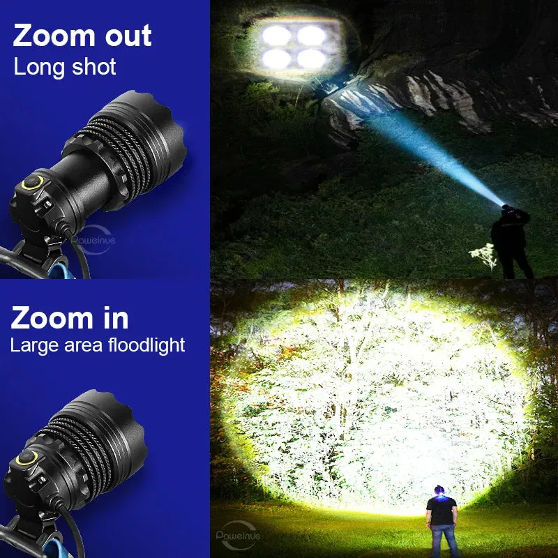 2023 New Portable Super Bright Headlamp 18650 Rechargeable LED Head Flashlight Outdoor Waterproof Zoom Camping Fishing Lantern