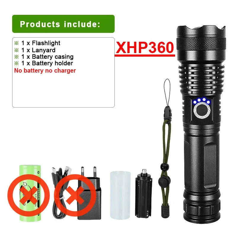 2023 XHP360 LED Ultra Powerful Flashlight Type-C Rechargeable LED Lantern 60W High Power LED Flashlight Camping Long Shot Torch