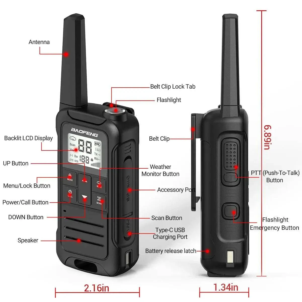 2PCS Baofeng F22 PMR FRS Mini Walkie Talkie Waterproof Type-C Licence-free NOAA Portable Two Way Ham Radio for Hunting