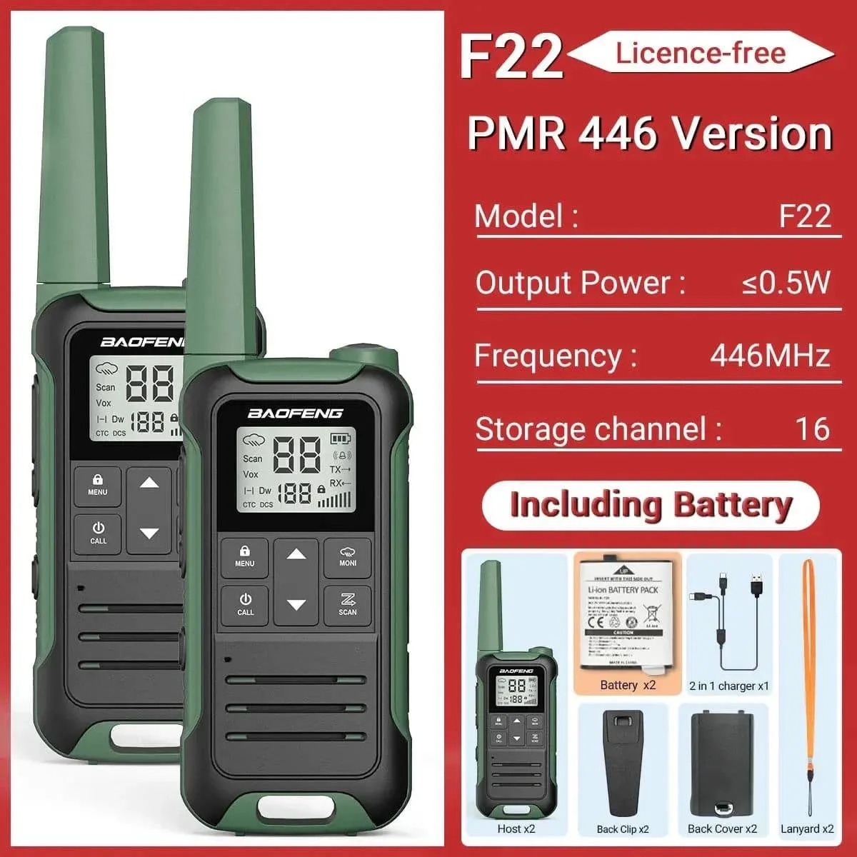 2PCS Baofeng F22 PMR FRS Mini Walkie Talkie Waterproof Type-C Licence-free NOAA Portable Two Way Ham Radio for Hunting