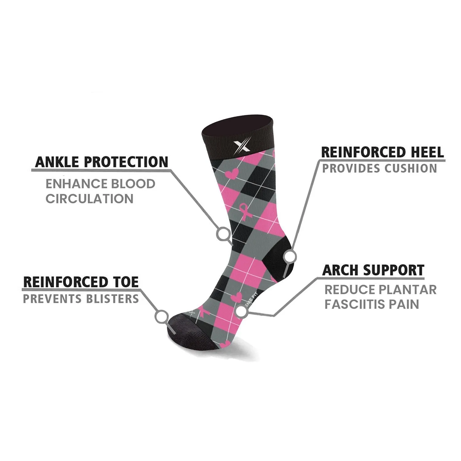 6-Pairs: Breast Cancer Awareness Crew Length Everyday Wear Compression Socks