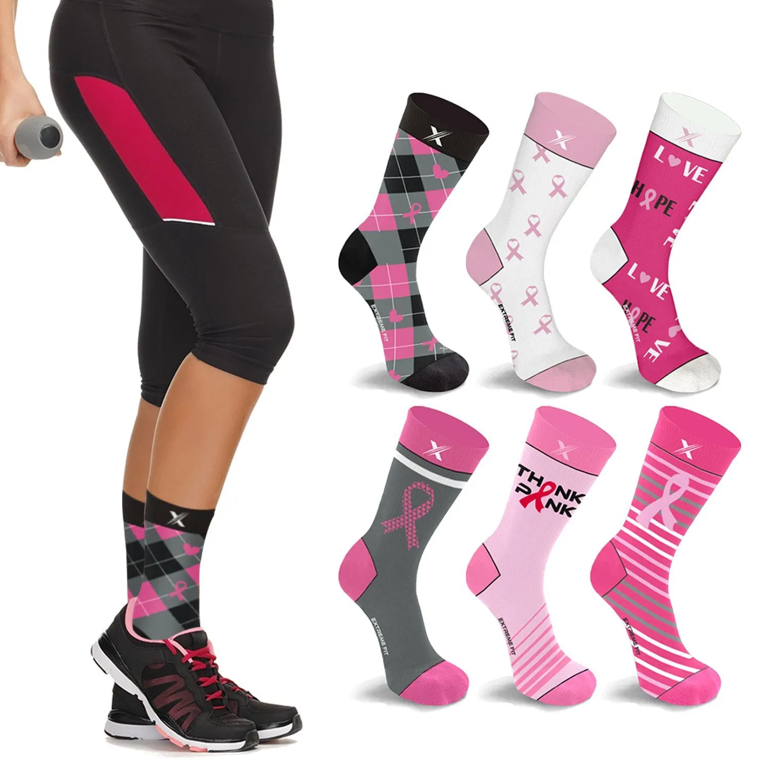 6-Pairs: Breast Cancer Awareness Crew Length Everyday Wear Compression Socks