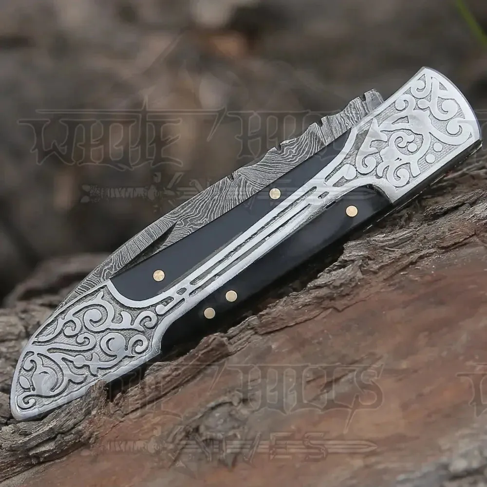 8" Handmade Bull Horn Handle Folding Pocket Knife With Engraved Frame Work