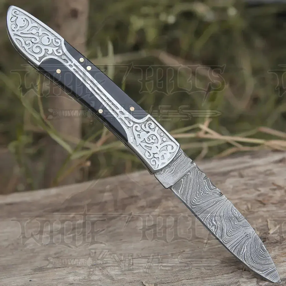 8" Handmade Bull Horn Handle Folding Pocket Knife With Engraved Frame Work