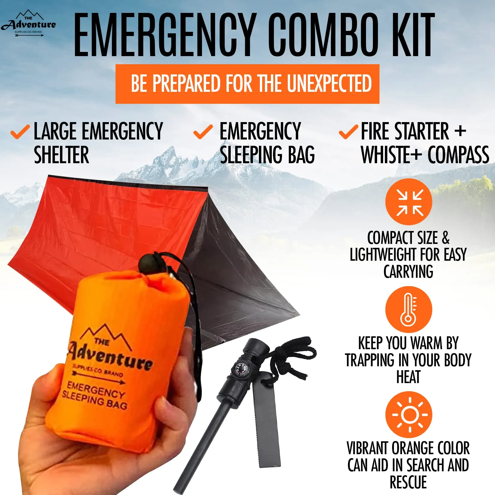 Emergency Sleeping Bag & Tent Shelter, Stocking Stuffer! Combo Prepper kit Survival Tent, Bivy Sack Tent, Sleeping Bag, Fire Starter   Whistle, Mylar Thermal Adventure Supply Co.