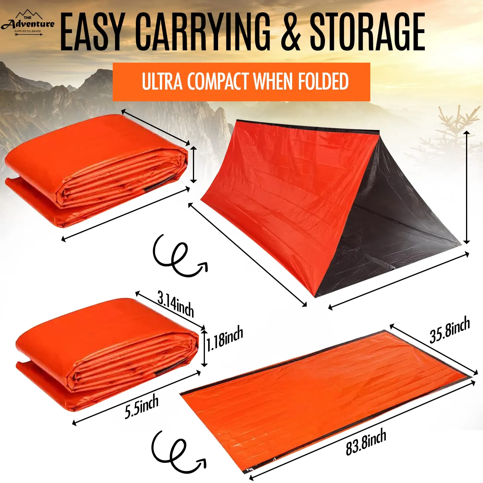 Emergency Sleeping Bag & Tent Shelter, Stocking Stuffer! Combo Prepper kit Survival Tent, Bivy Sack Tent, Sleeping Bag, Fire Starter   Whistle, Mylar Thermal Adventure Supply Co.