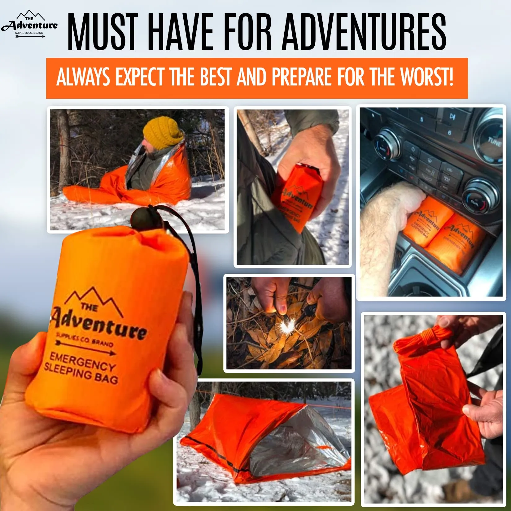 Emergency Sleeping Bag & Tent Shelter, Stocking Stuffer! Combo Prepper kit Survival Tent, Bivy Sack Tent, Sleeping Bag, Fire Starter   Whistle, Mylar Thermal Adventure Supply Co.