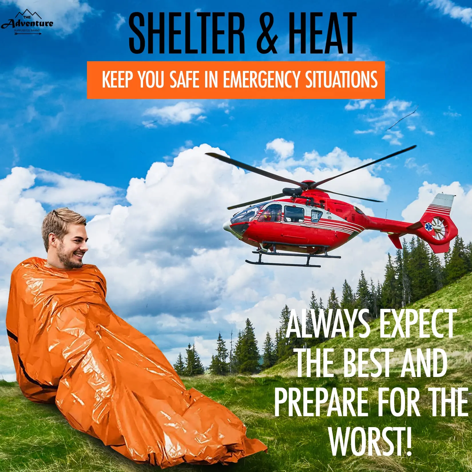 Emergency Sleeping Bag & Tent Shelter, Stocking Stuffer! Combo Prepper kit Survival Tent, Bivy Sack Tent, Sleeping Bag, Fire Starter   Whistle, Mylar Thermal Adventure Supply Co.