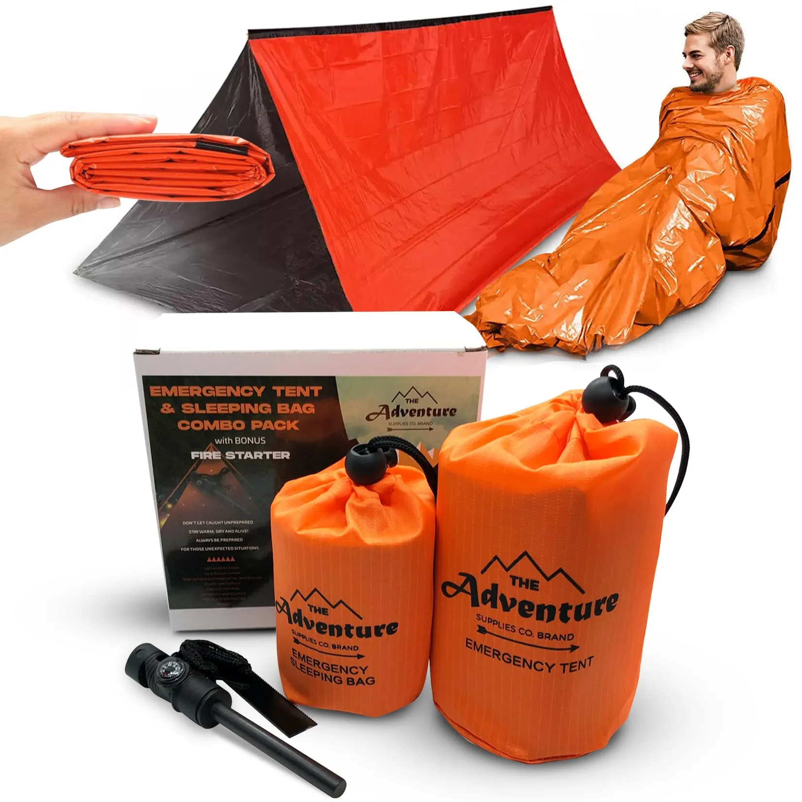 Emergency Sleeping Bag & Tent Shelter, Stocking Stuffer! Combo Prepper kit Survival Tent, Bivy Sack Tent, Sleeping Bag, Fire Starter   Whistle, Mylar Thermal Adventure Supply Co.