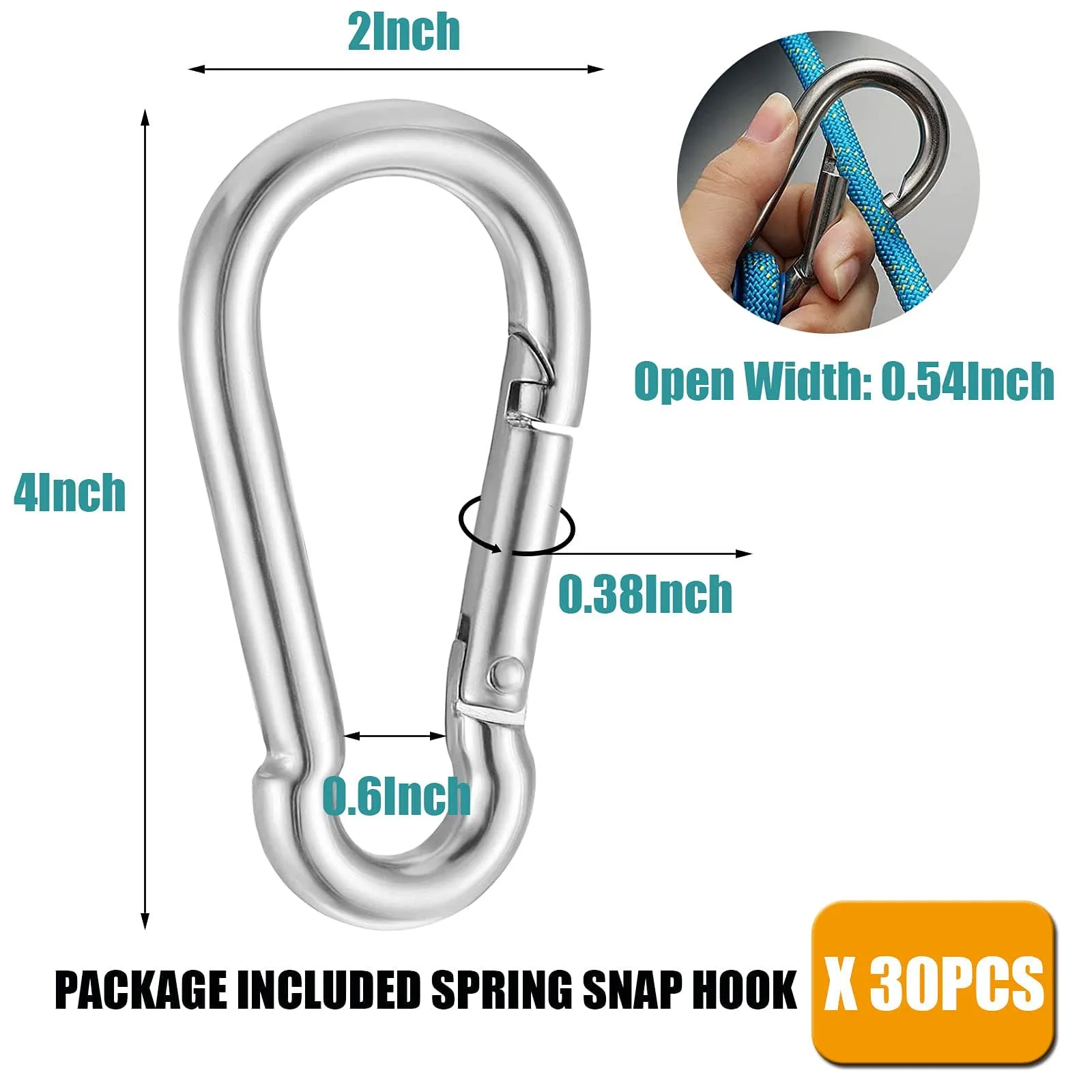 EPHECH 30PCS 4" Heavy Duty Spring Snap Hook, M10 3/8" Galvanized Steel Carabiner Clip Qiuck Link Spring Snap Hook, 770LBS Holding Capacity Keychain Buckle for Swing Hammock Gym Outdoor