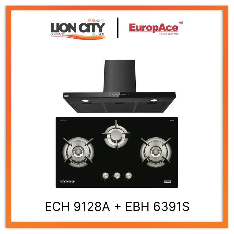 Europace ECH9128A 90cm Premium T-Chimney Hood Full   EBH 6391S 3 Burner 90cm Gas Cooker Hob (Schott Glass)