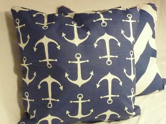 Nautical Pillow Cover, Premier Prints Sailor Slub fabric in Navy with White Anchors, Beach house decor