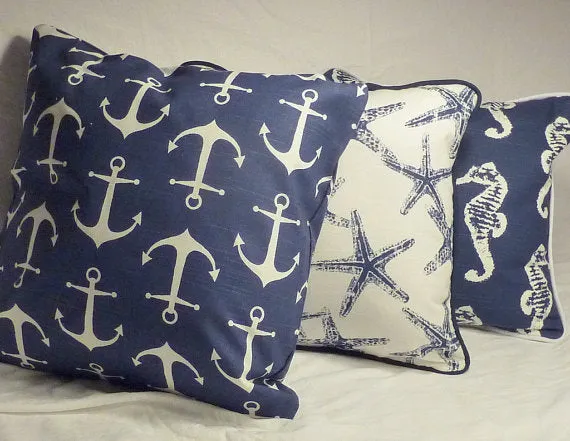 Nautical Pillow Cover, Premier Prints Sailor Slub fabric in Navy with White Anchors, Beach house decor