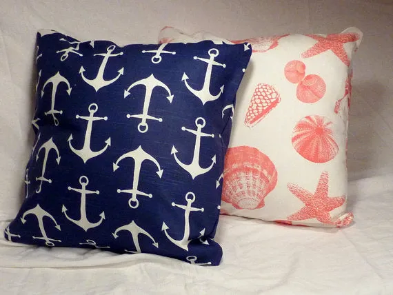 Nautical Pillow Cover, Premier Prints Sailor Slub fabric in Navy with White Anchors, Beach house decor