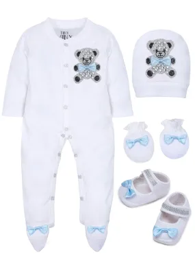 Pre-Order:  Blue Bow Teady Bear Sleepsuit Set with Shoes