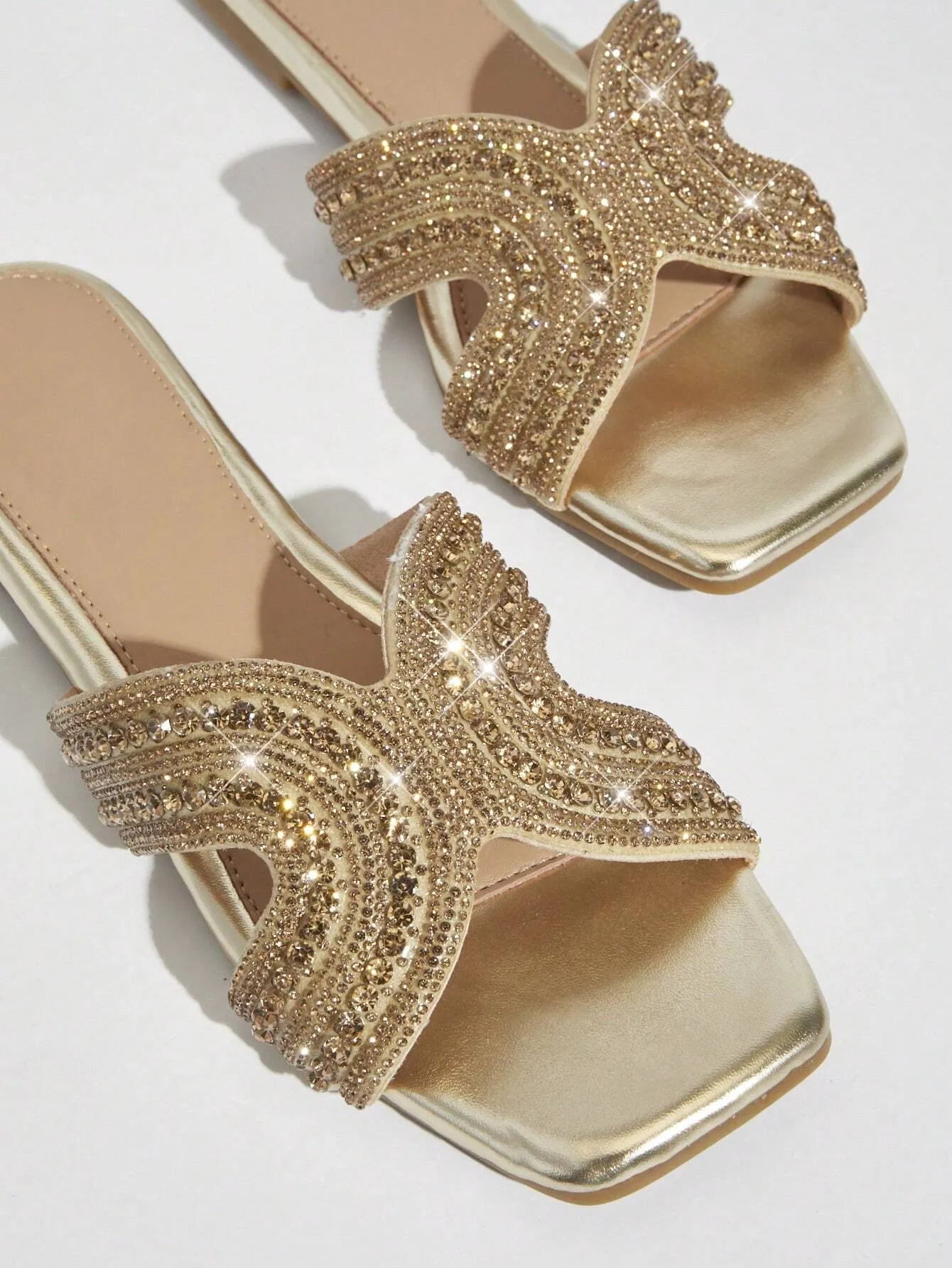 SHEIN SHUZIA Embellished Open Toe Gold Slip On Sandals